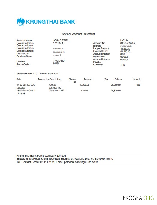 Modèle Word et PDF de relevé bancaire de Thaïlande Krungthai